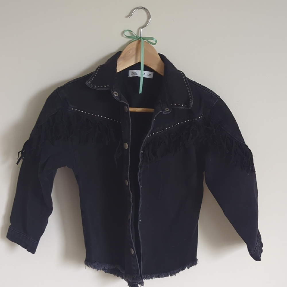 NEVER USED Zara Black Fringed 100% Cotton Denim Jacket - Girls